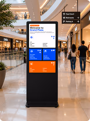 Mall directory sign showing food court, restrooms, parking, and store locations with people walking nearby.