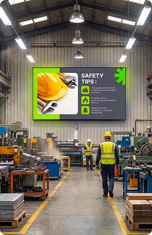 Industrial workspace with workers in safety gear and a large digital safety tips sign above.