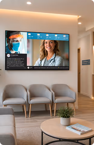 Modern waiting room with three chairs, round table, plant, magazines, and TV showing health info and weather.