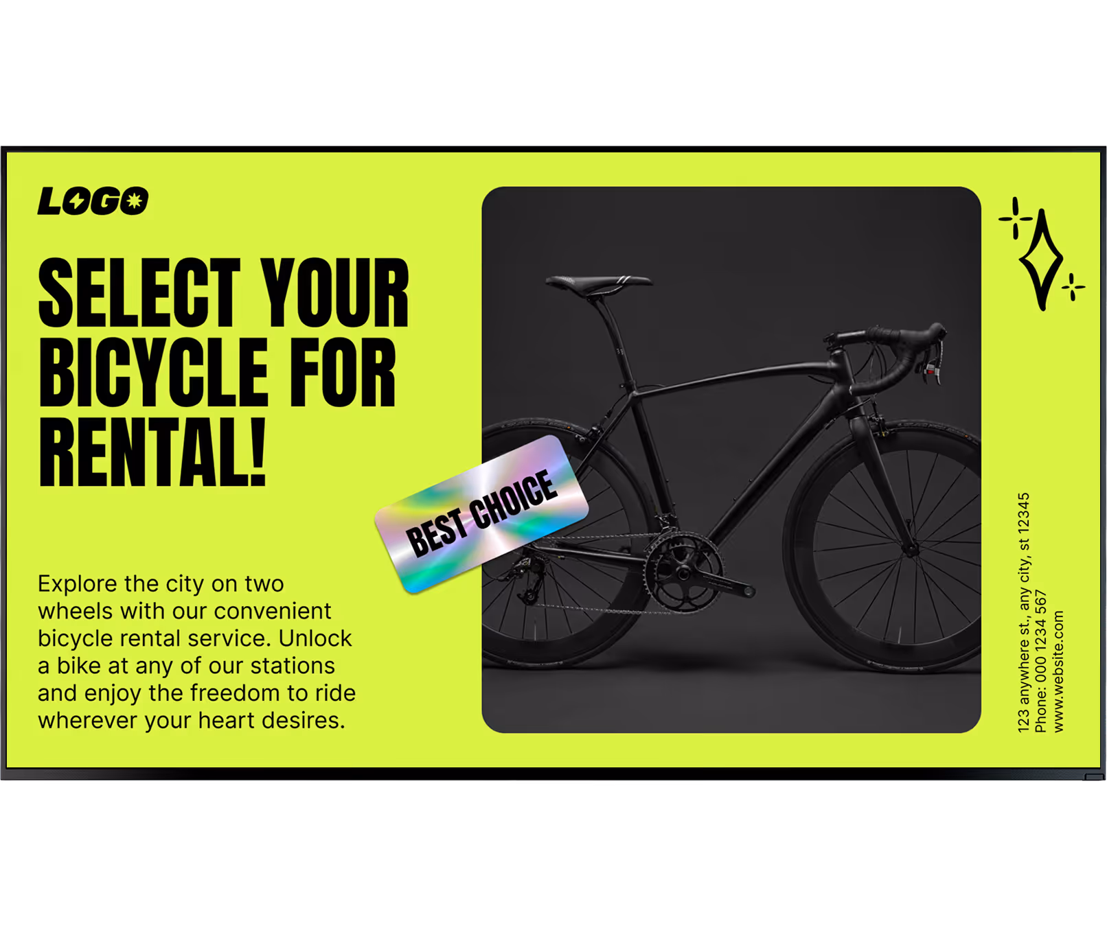 Black racing bicycle labeled best choice on bright green bike rental advertisement.