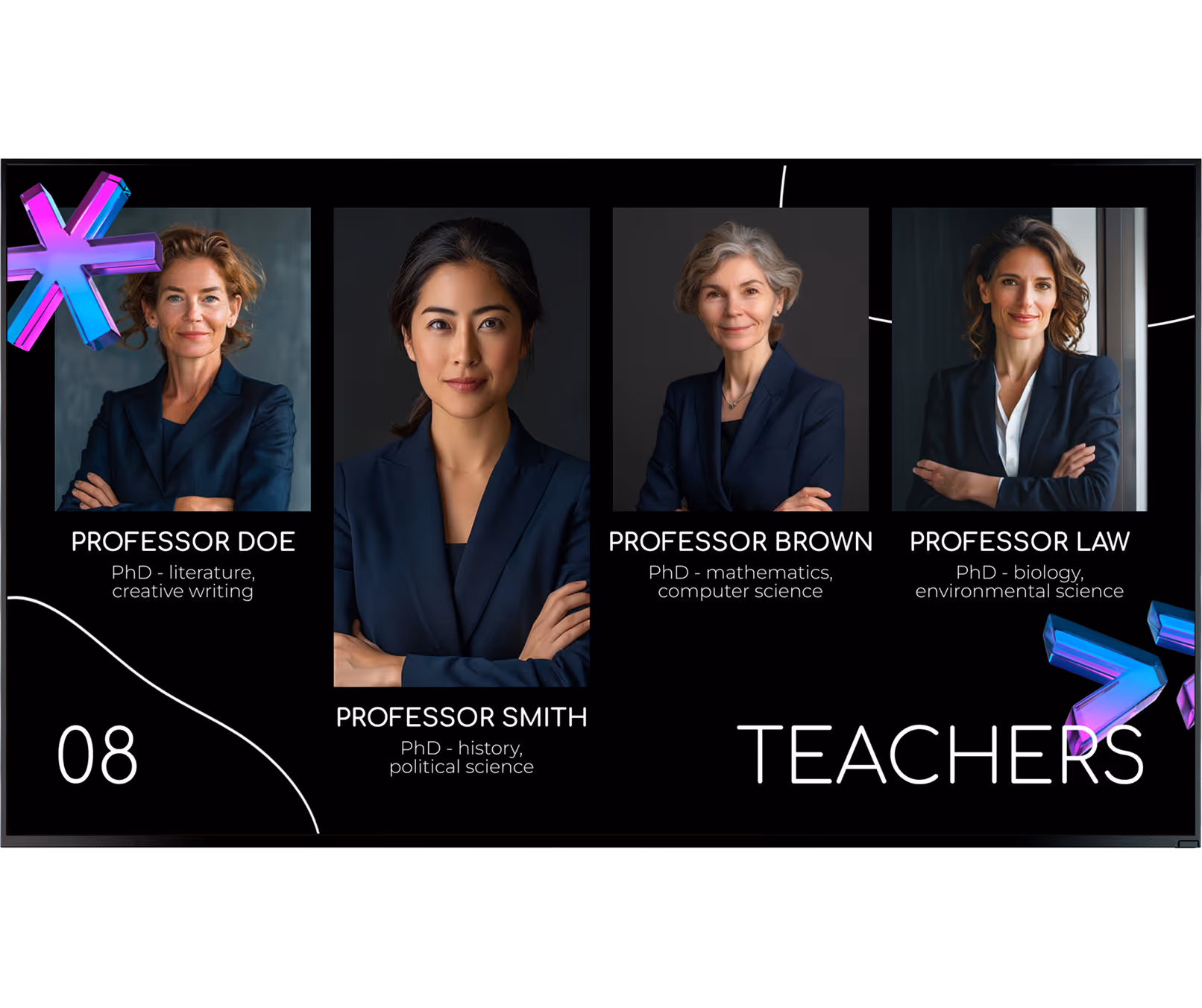 Portraits of four female professors with PhDs in literature, history, math, and biology on a black background.