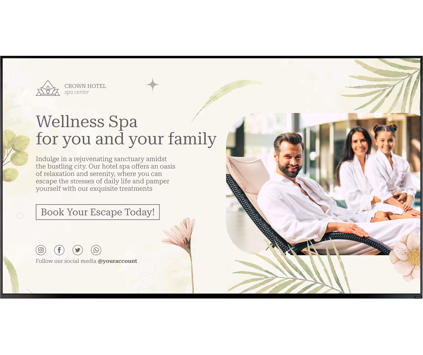 Smiling family in white spa robes relaxing by a pool in a wellness spa setting with greenery accents.