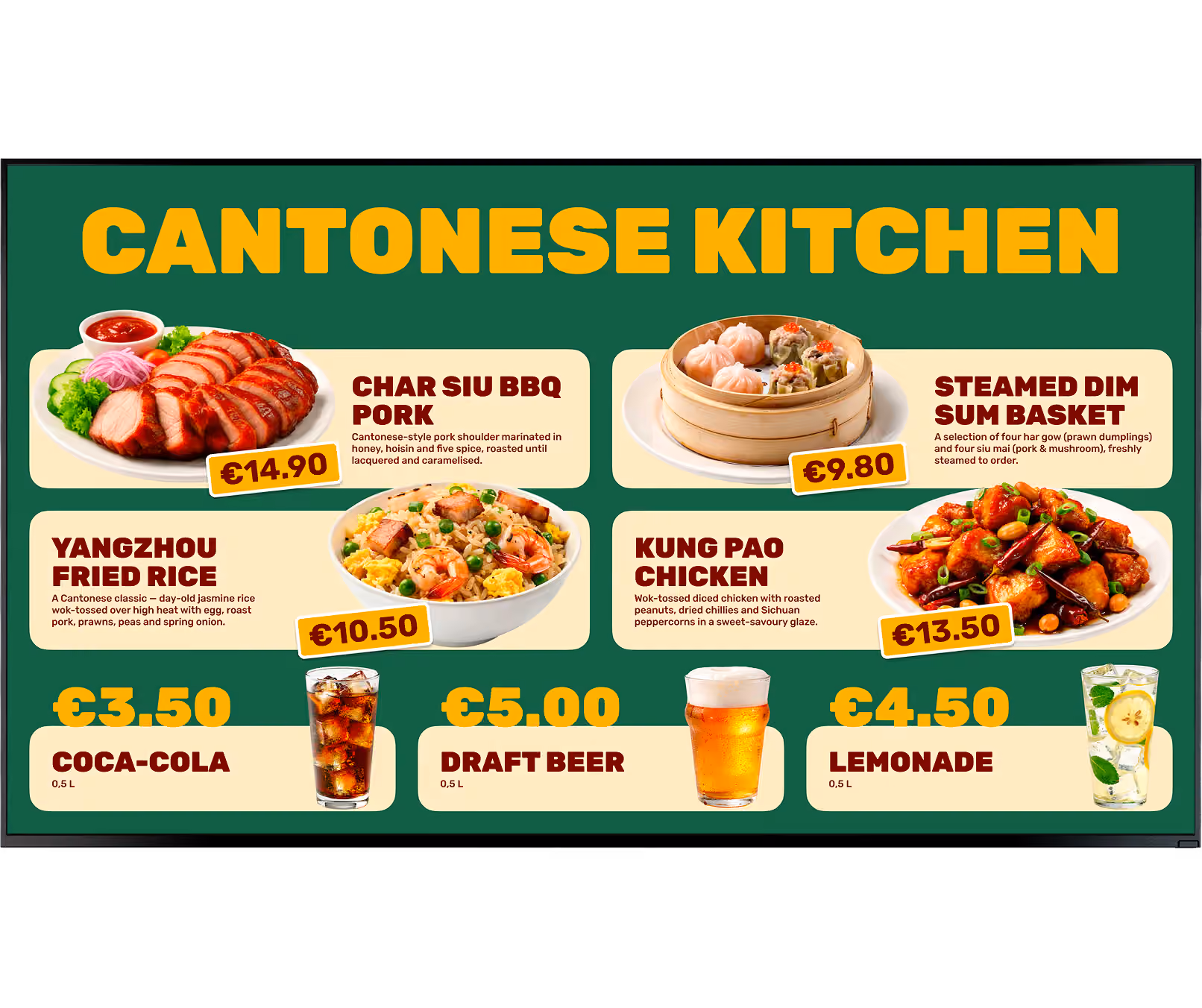 Menu with Cantonese dishes: Char Siu BBQ Pork, Steamed Dim Sum, Yangzhou Fried Rice, Kung Pao Chicken, and drinks.