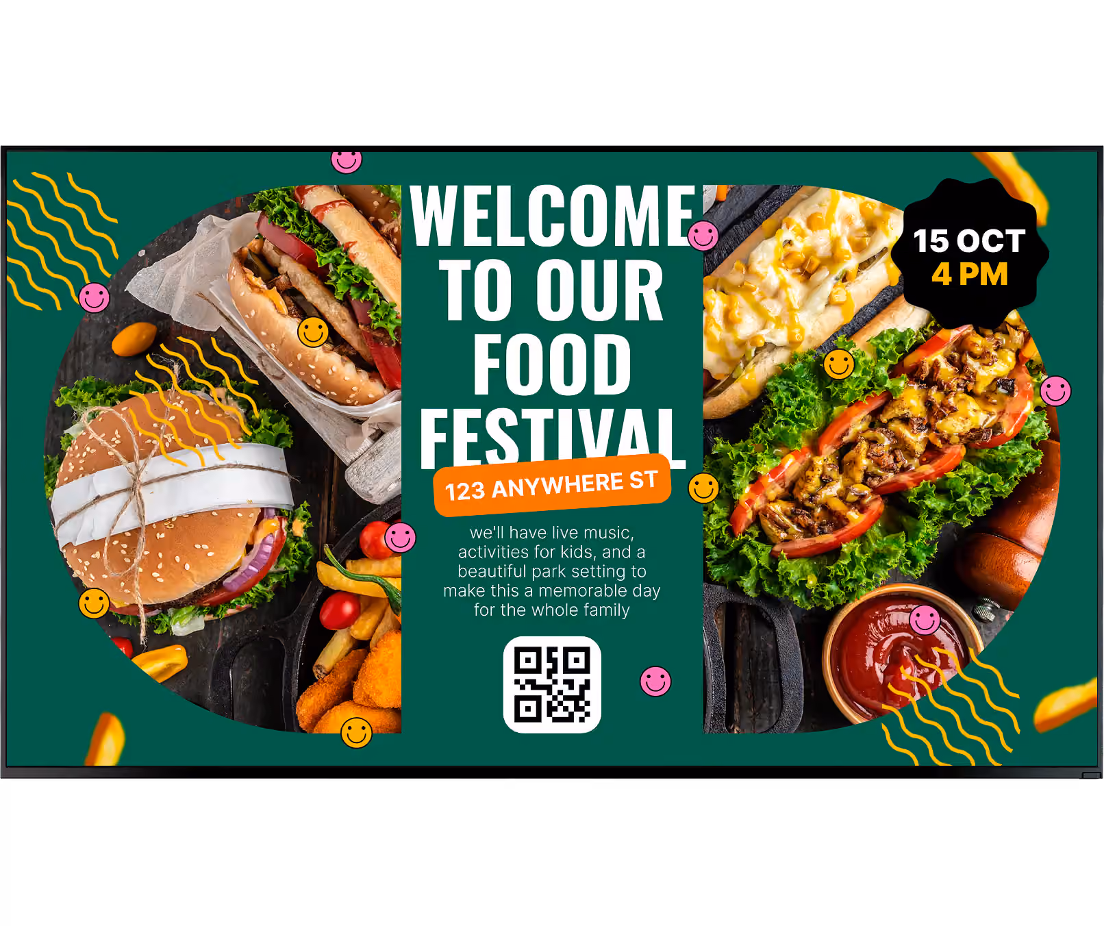 Food festival flyer with burgers, fries, hot dogs, and event details for October 15 at 4 PM.