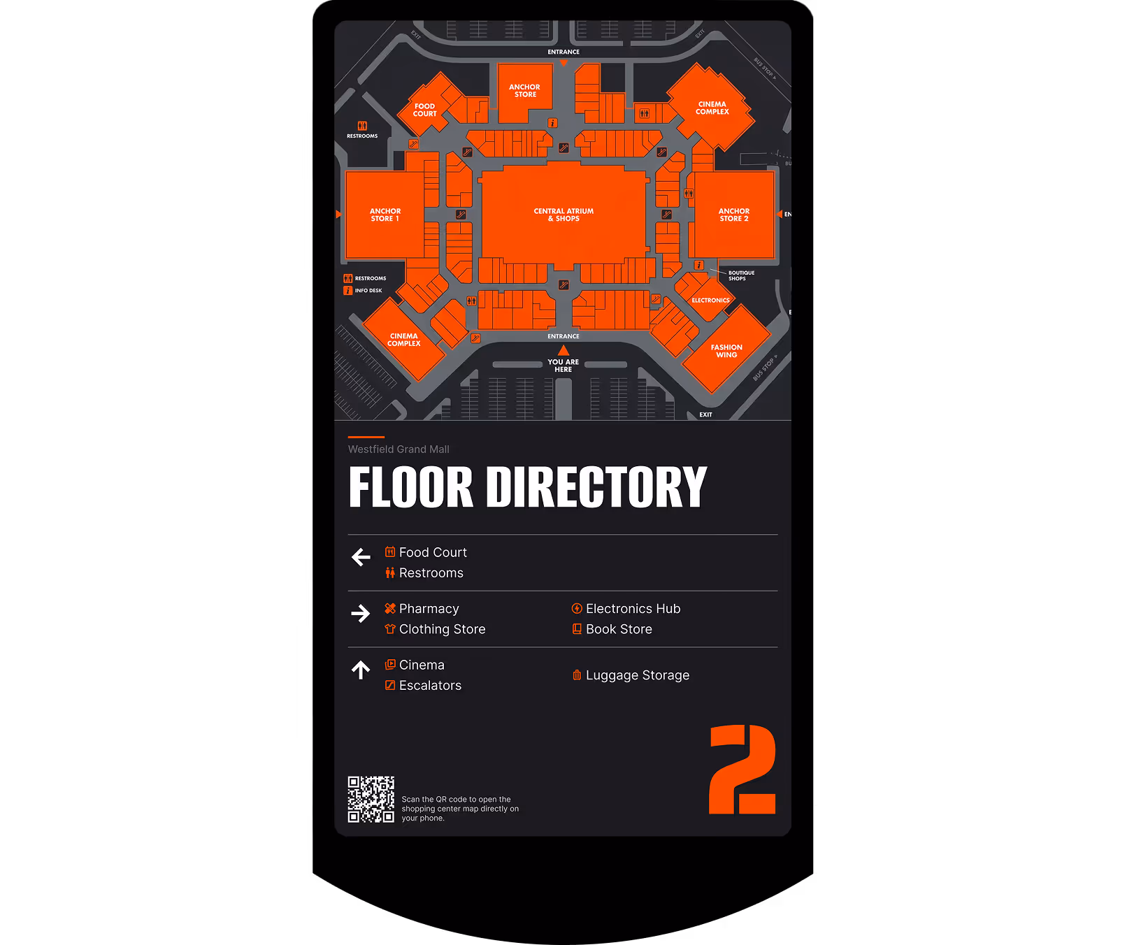 Westfield Grand Mall floor directory map showing food court, stores, cinemas, and amenities with location marker.