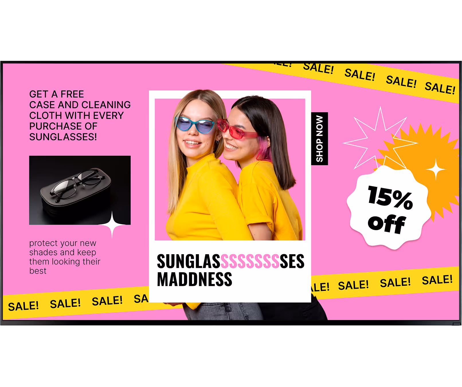 Two women in yellow shirts wearing colored sunglasses, text about 15% off and free case with cleaning cloth.