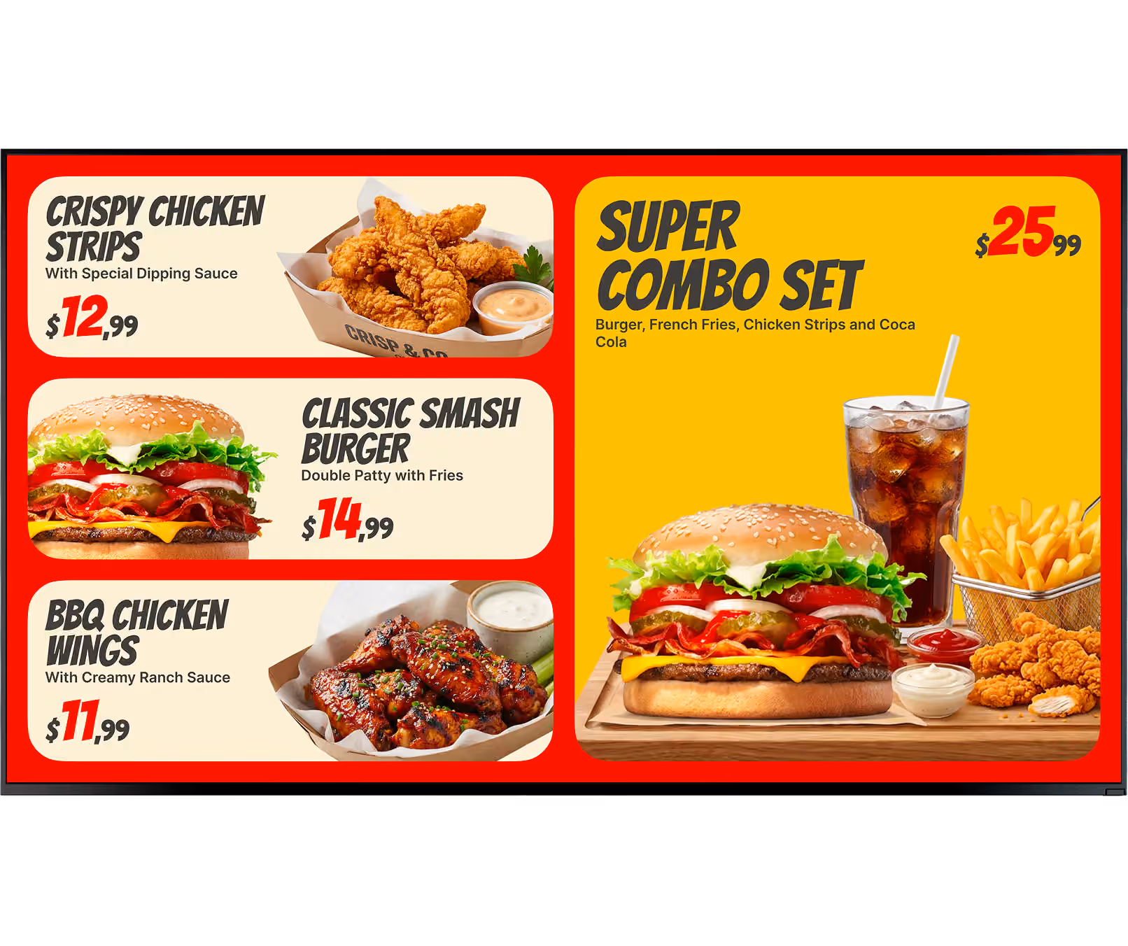 Menu with crispy chicken strips, classic smash burger, BBQ wings, and super combo set with fries and drink.
