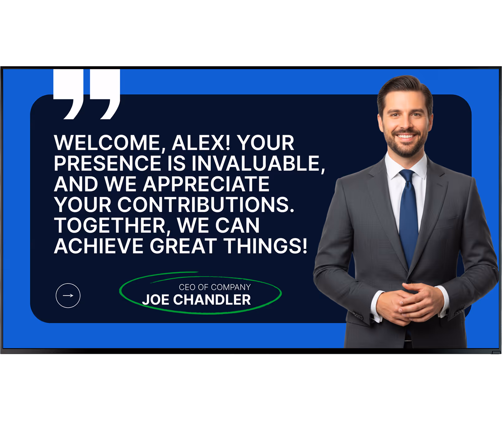 Smiling man in suit stands beside a message welcoming Alex from CEO Joe Chandler on blue background.