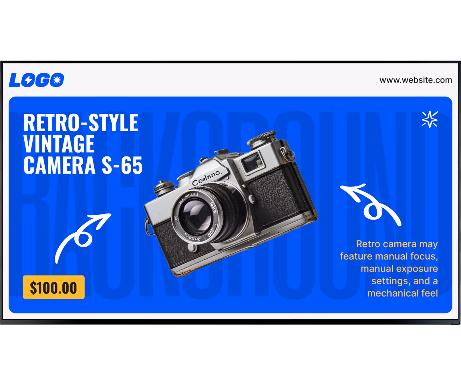 Retro-style vintage camera S-65 priced at $100 with manual focus and exposure features shown.