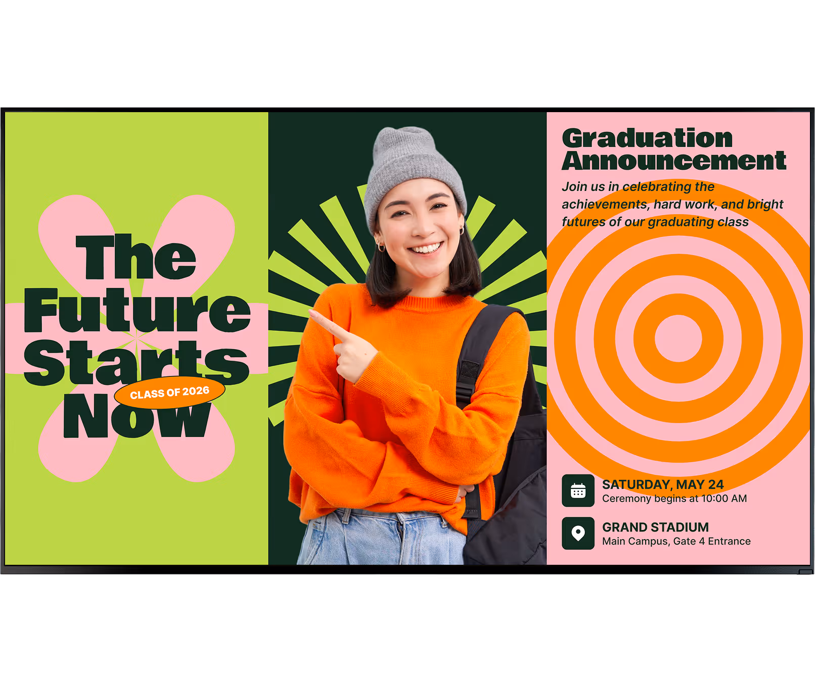 Smiling young woman in orange sweater and gray beanie pointing left with graduation announcement details.