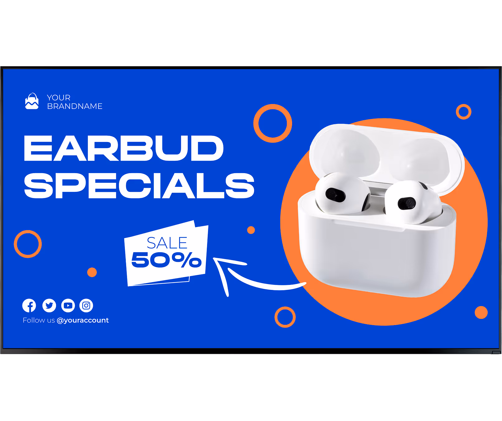 White wireless earbuds in open charging case with 50% sale promotion on blue and orange background.
