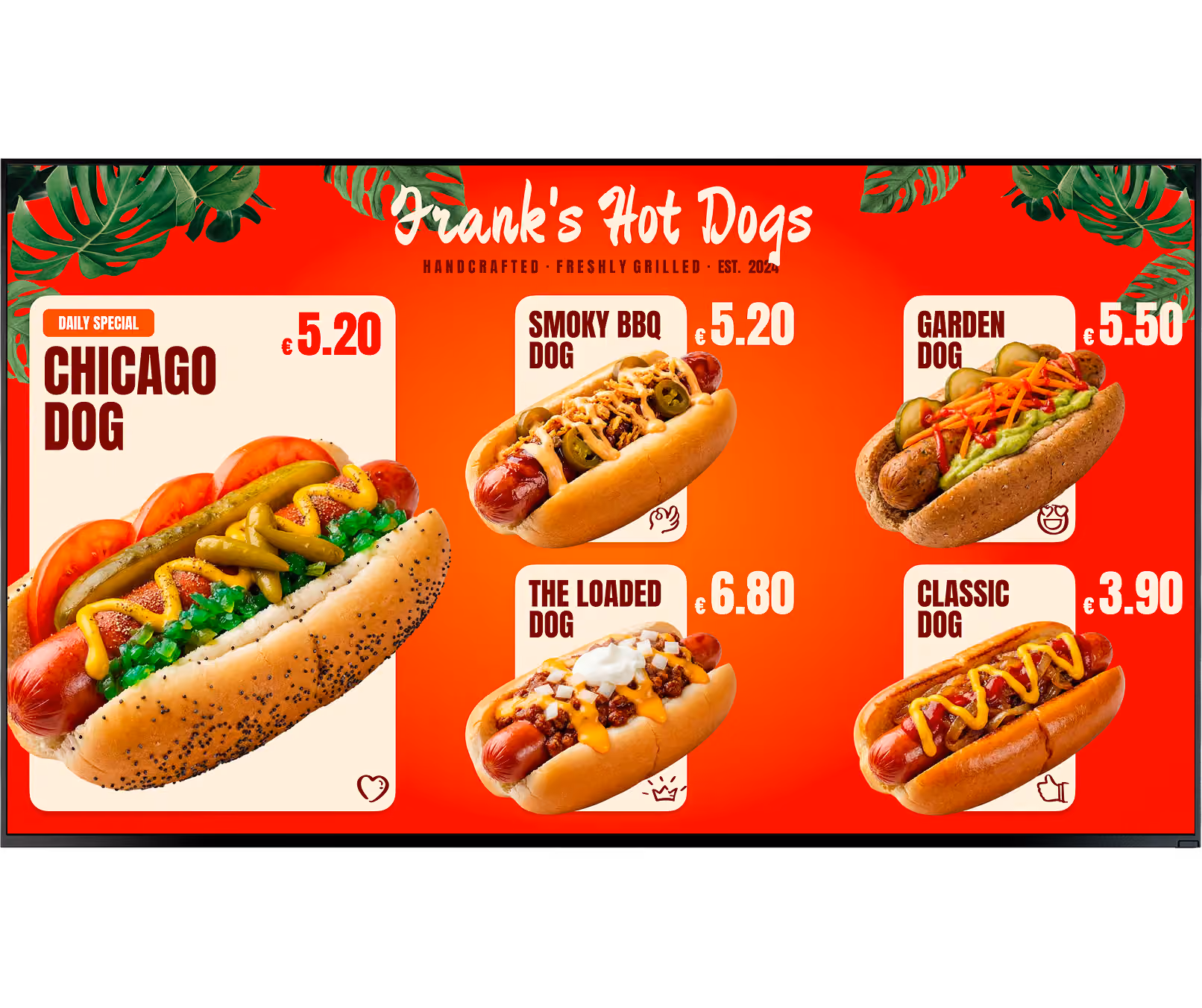 Menu showing five hot dogs with prices ranging from €3.90 to €6.80 on a red background.