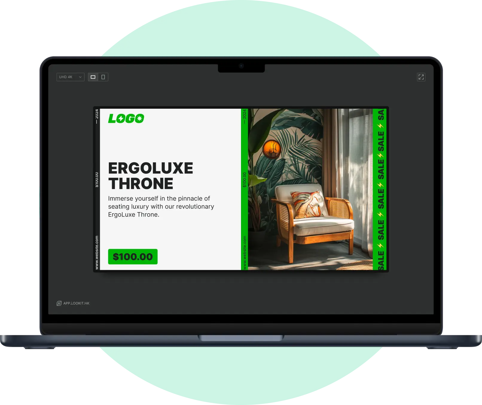 Tela de notebook mostrando anúncio da cadeira ErgoLuxe Throne por $100, com decoração de plantas tropicais.