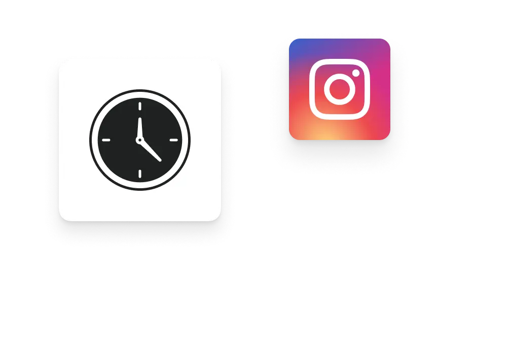 Ícone de relógio em preto e branco ao lado do ícone colorido do aplicativo Instagram, em fundo branco.