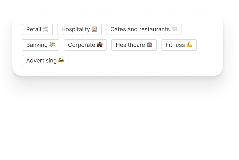 Tags para setores: varejo, hotelaria, cafés, bancos, corporativo, saúde, fitness, publicidade.