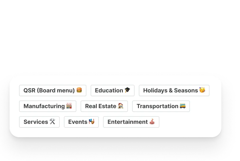 Tags para QSR, educação, feriados, indústria, imóveis, transporte, serviços, eventos e entretenimento, com ícones.