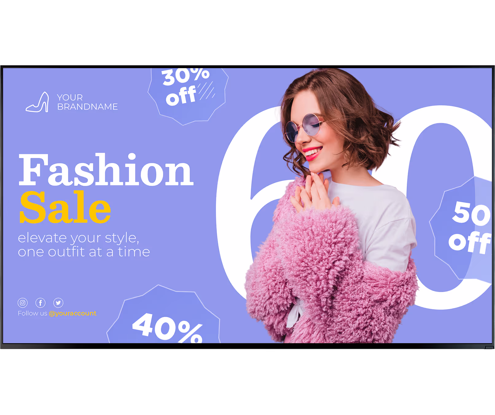 Smiling woman in a pink fluffy jacket and sunglasses promoting fashion sale with discounts and brand logo.
