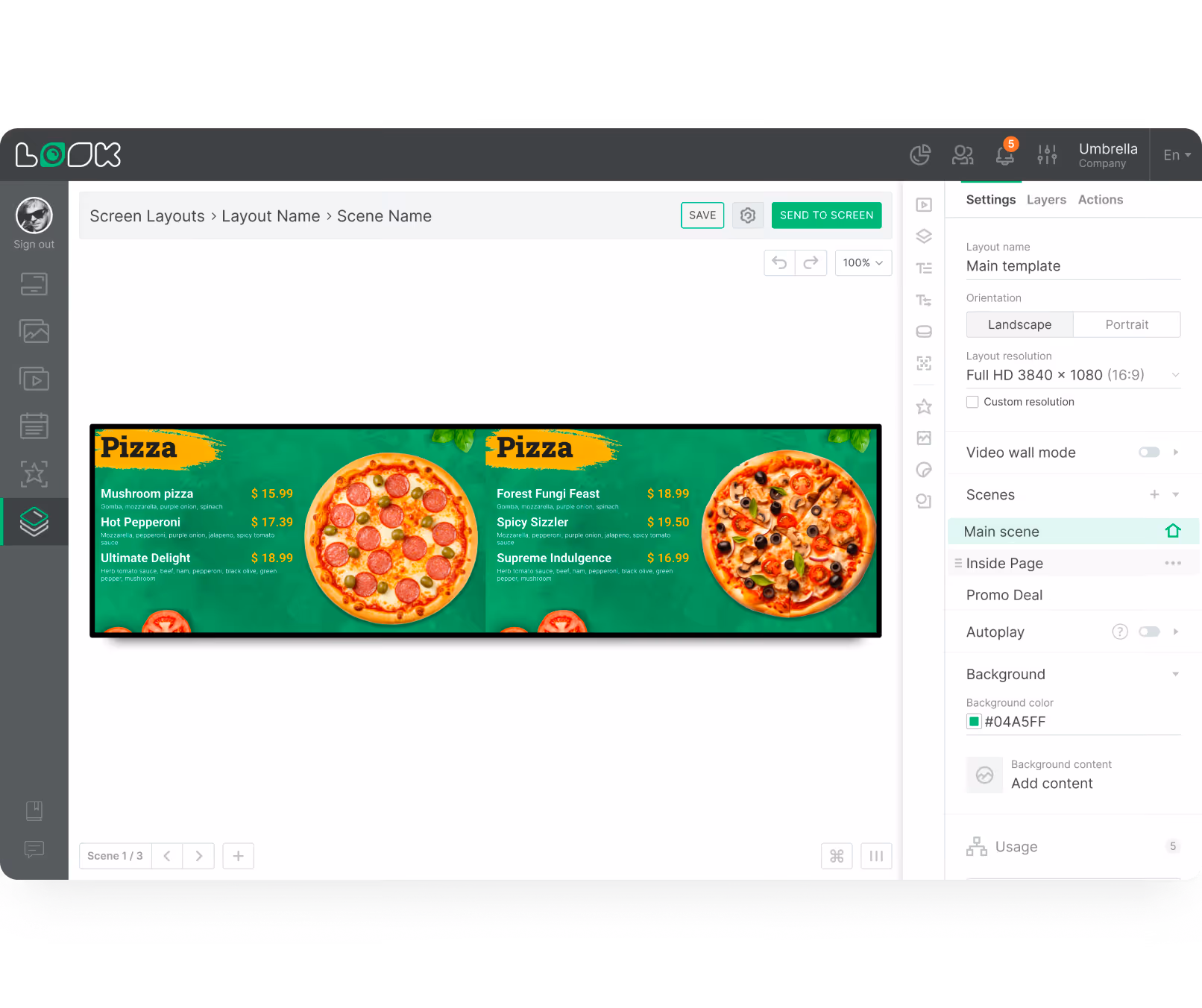Screen showing pizza menu layout with two pizzas and six pizza names with prices on green background.