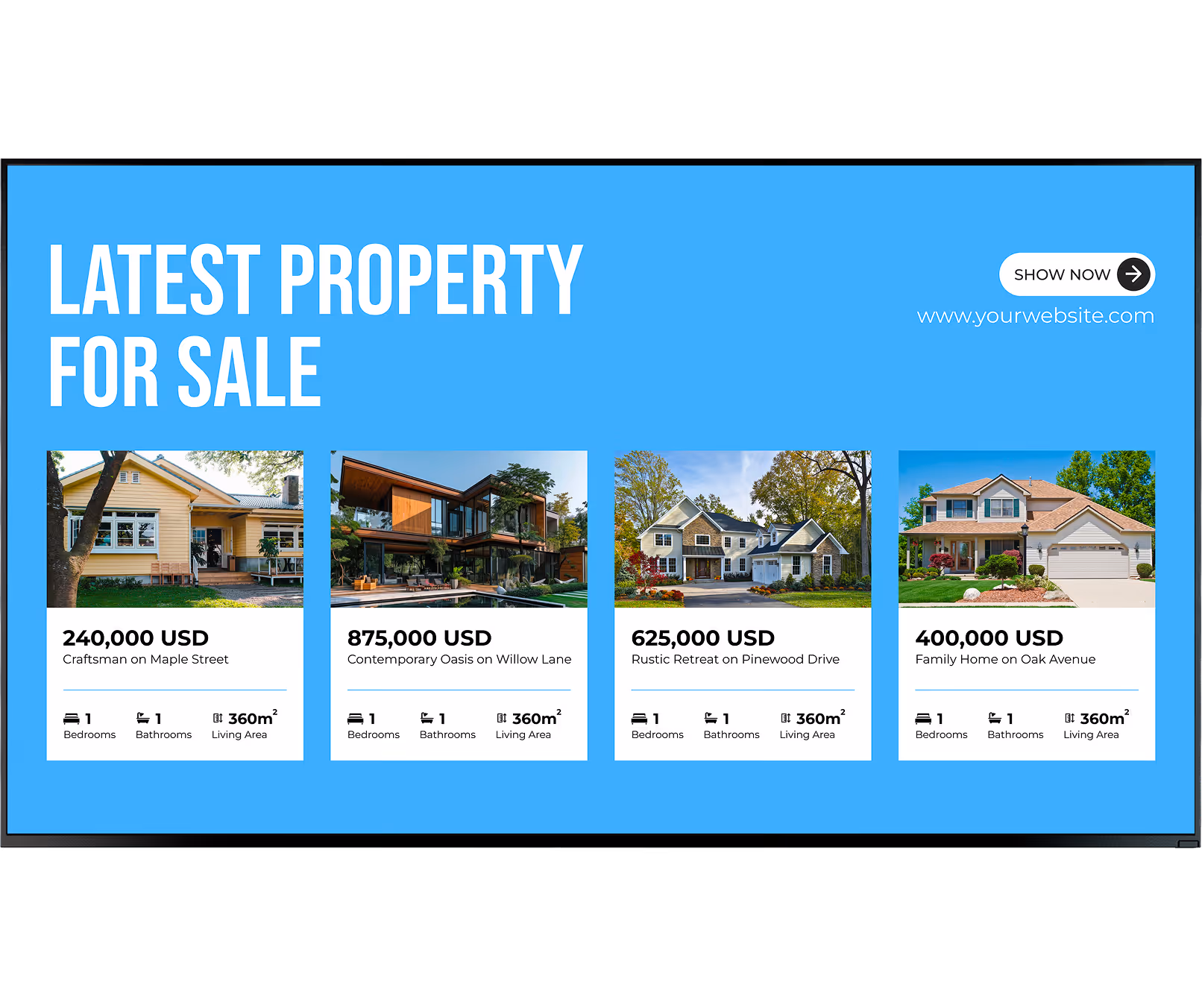 Real estate ad showing four houses for sale with prices, types, and features on blue background.
