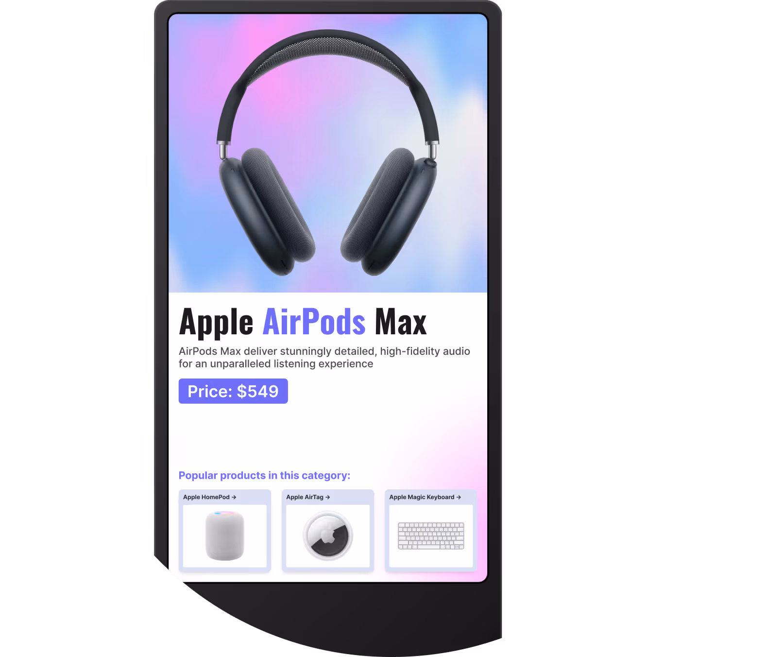 Apple AirPods Max headphones priced at $549 with related Apple products shown below.