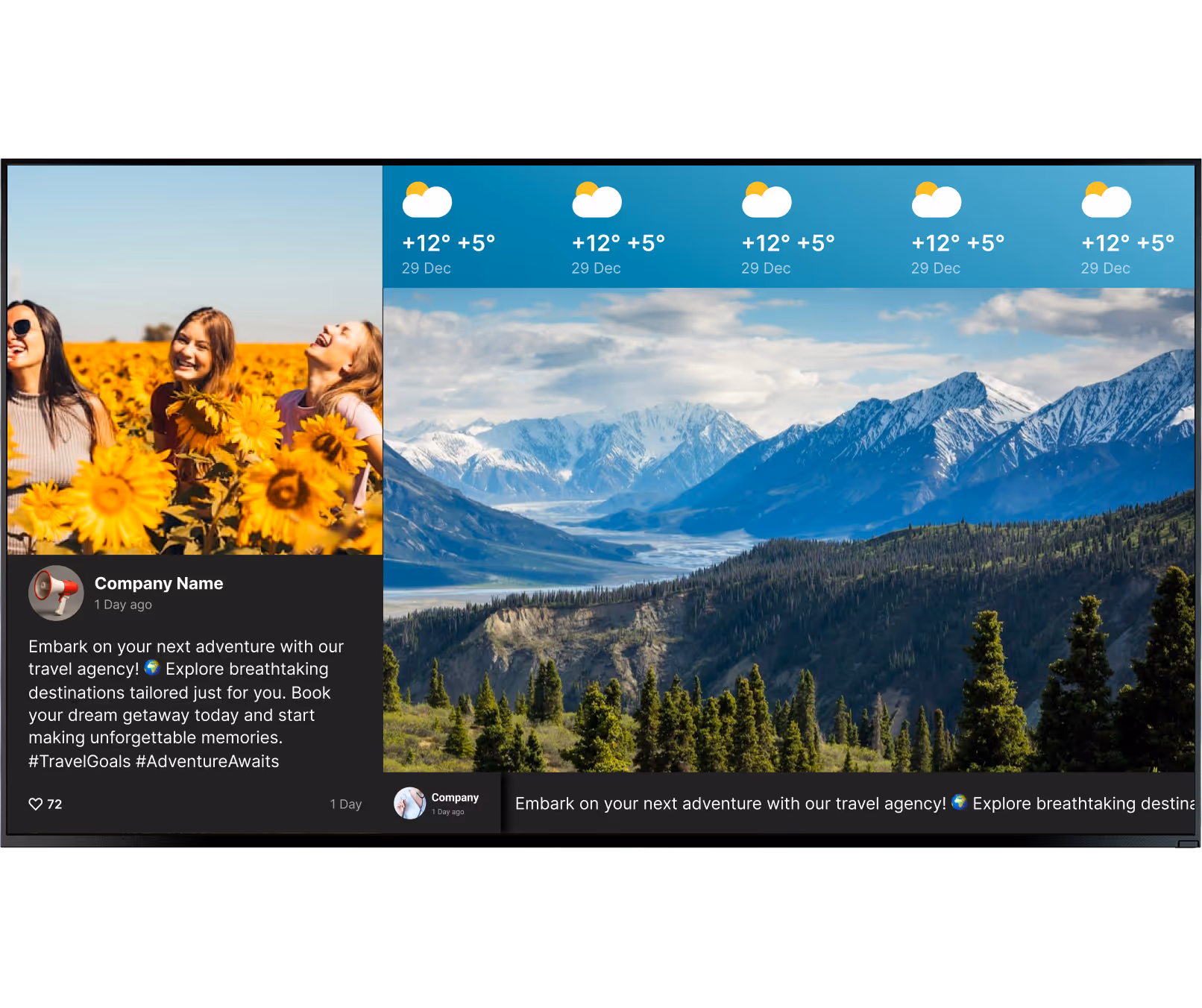 Three women with sunflowers smile in a field; snowy mountains and weather icons show 12° and 5° on Dec 29.
