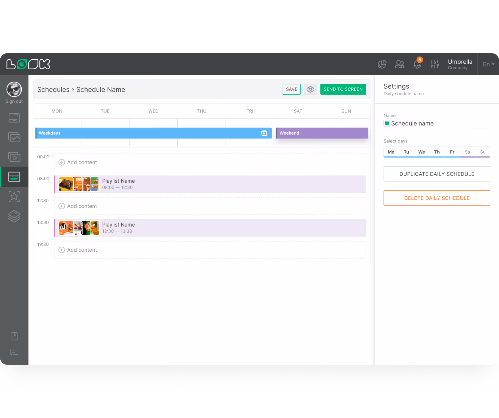 Digital schedule interface showing playlist blocks assigned to weekdays and weekend with editable settings.