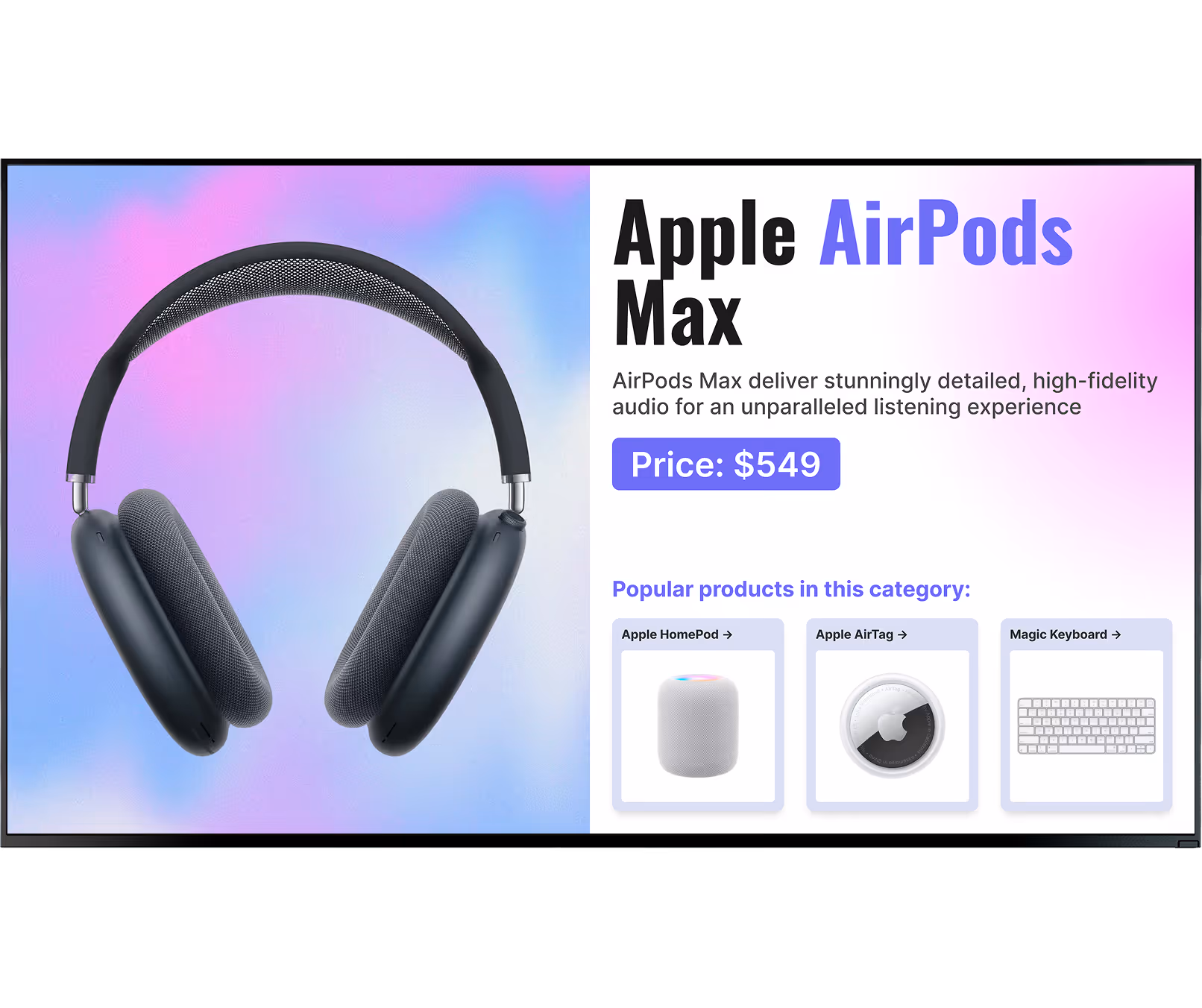 Black Apple AirPods Max headphones on pastel purple and blue background with product info and price.