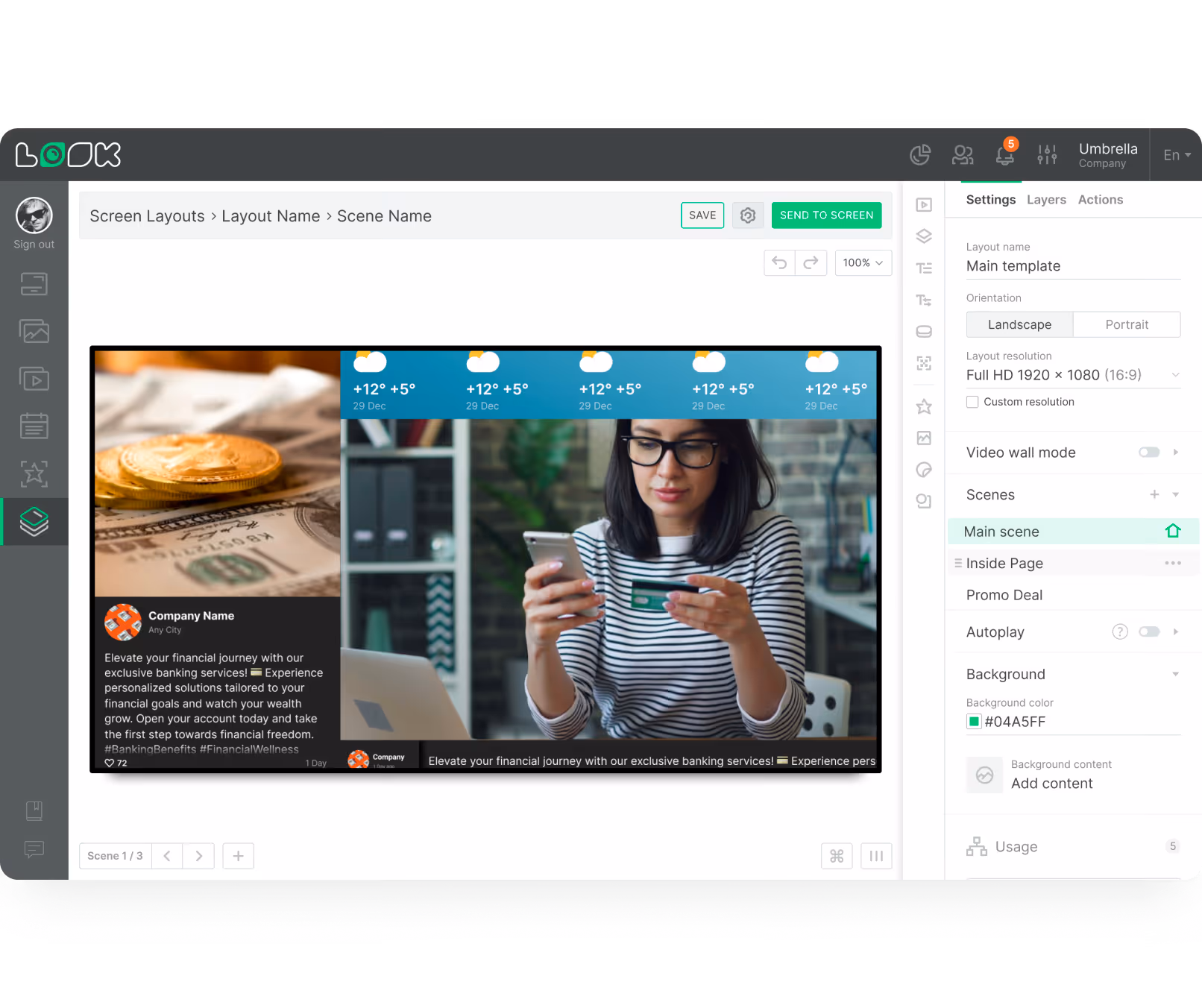User interface of a screen layout editor showing banking ad with woman holding a credit card and phone.