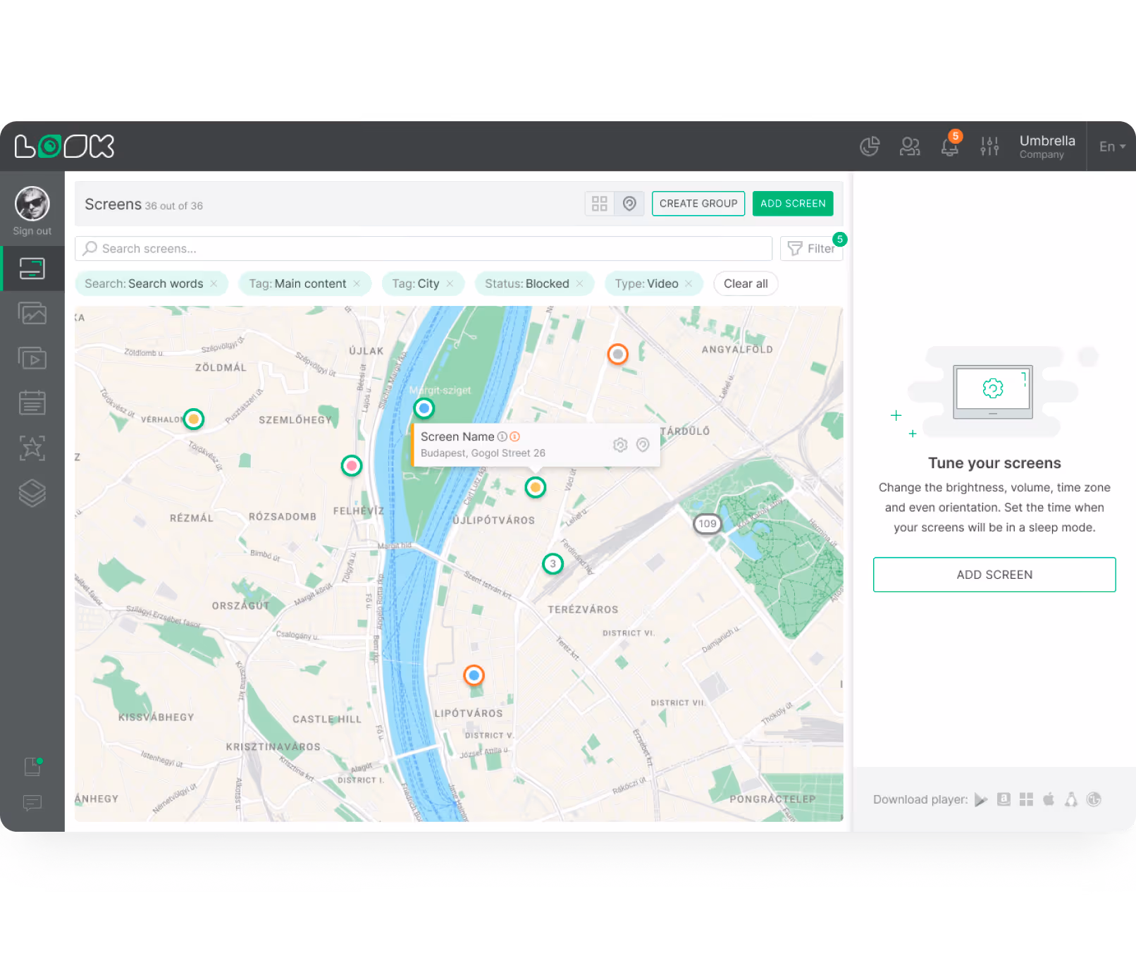 Interface de painel com mapa mostrando localizações de telas em Budapeste, com filtros e opção de adicionar tela.