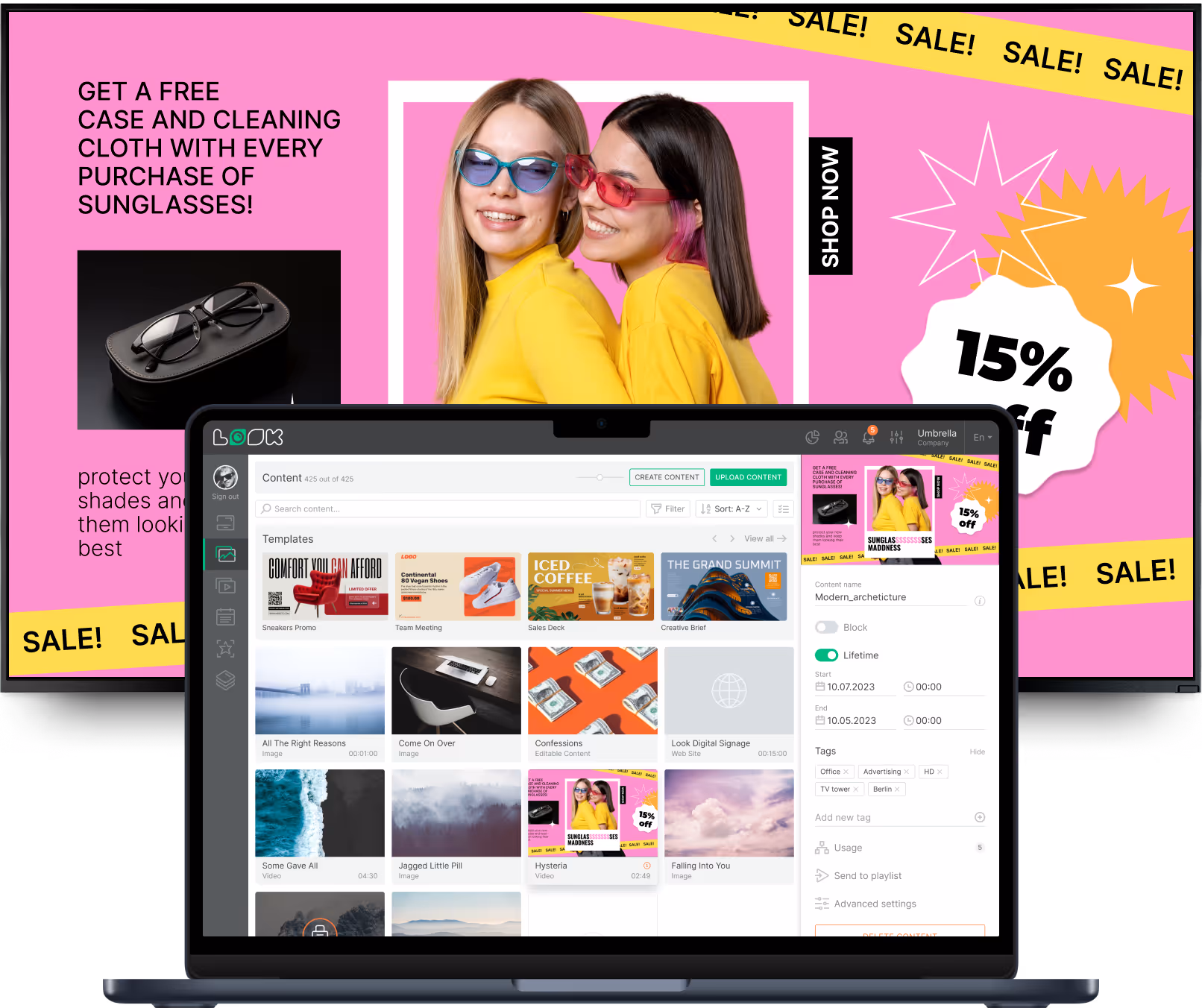 Ноутбук с интерфейсом управления контентом Look и рекламной кампанией на экране на заднем плане