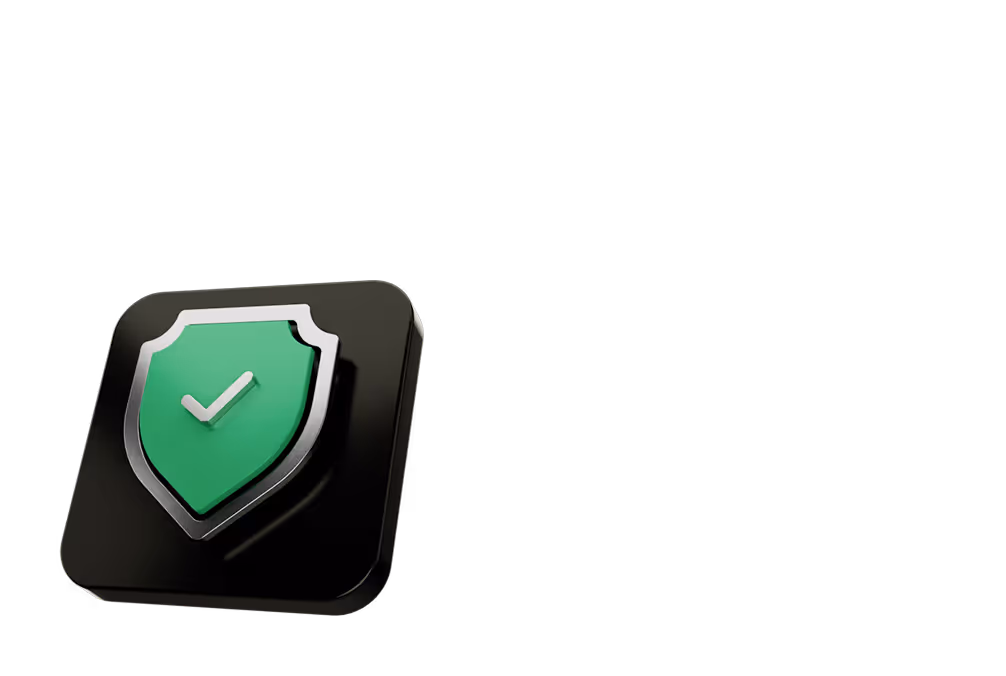 3D green shield with a white checkmark icon on a black rounded square background.