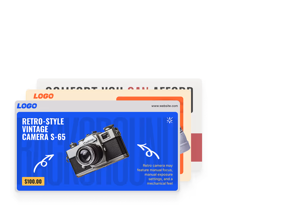 Advertisement card for retro-style vintage camera S-65 with $100 price tag and manual focus feature.