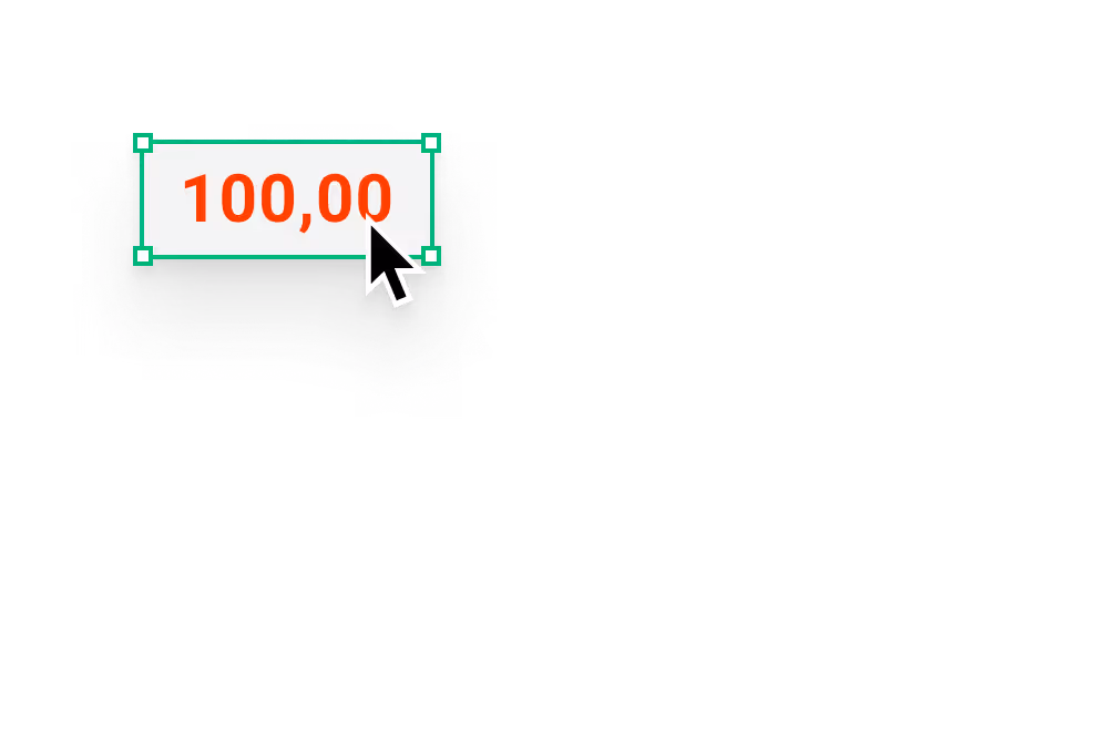 Computer cursor selecting a text box with red '100,00' on a white background.