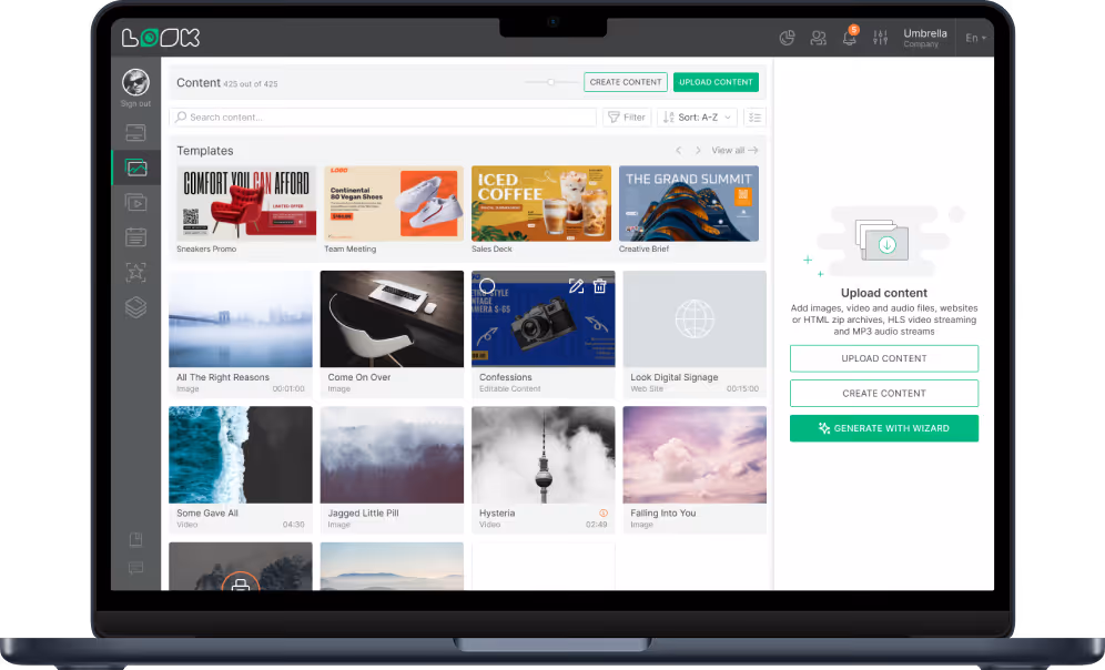 Tela de laptop exibindo a interface de gerenciamento de conteúdo do Look com modelos, arquivos de vídeo e imagem e opções de envio de conteúdo.