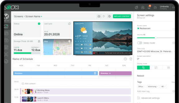 Dashboard interface showing screen status, sync date, storage, schedule, weather, map, and screen settings.
