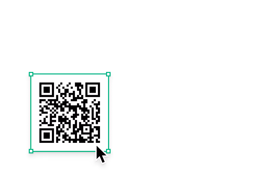 Black and white QR code with a cursor pointer on the bottom right corner.