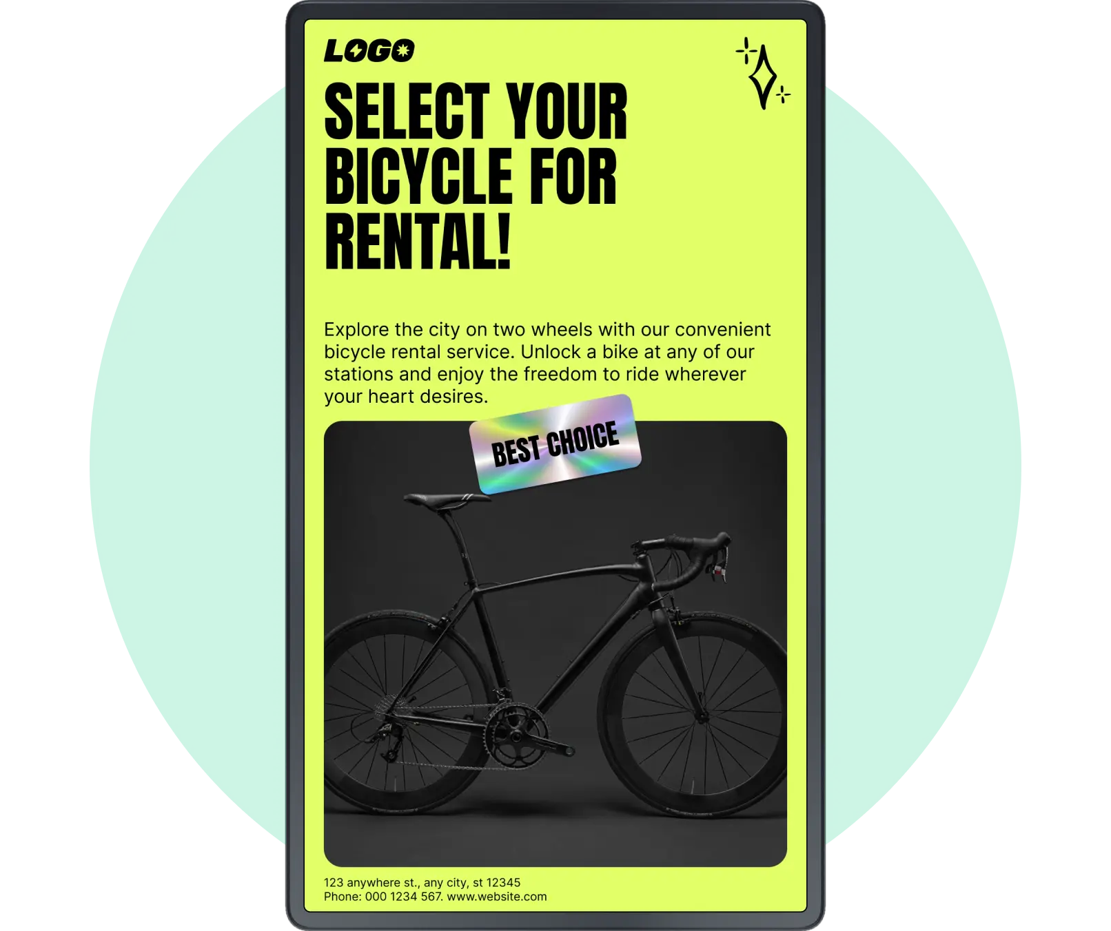 Tela de celular mostrando a seleção de aluguel de bicicletas, com uma bicicleta de estrada preta e detalhes do serviço de aluguel.