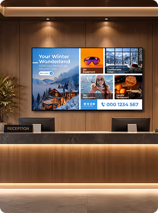 Hotel reception with digital screen advertising winter wonderland ski equipment and cozy hotel offers.