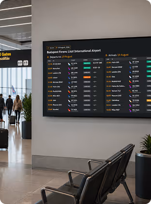 Digital flight information board at Budapest Airport showing departures and arrivals with times and gates.