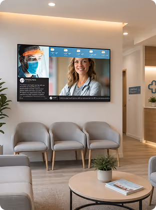 Waiting area with three gray chairs, round table, potted plants, and a TV showing medical staff and weather info.