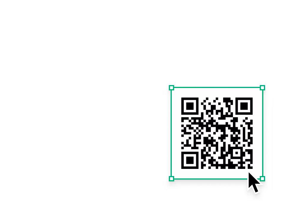 Black and white QR code with a cursor pointer on a white background.