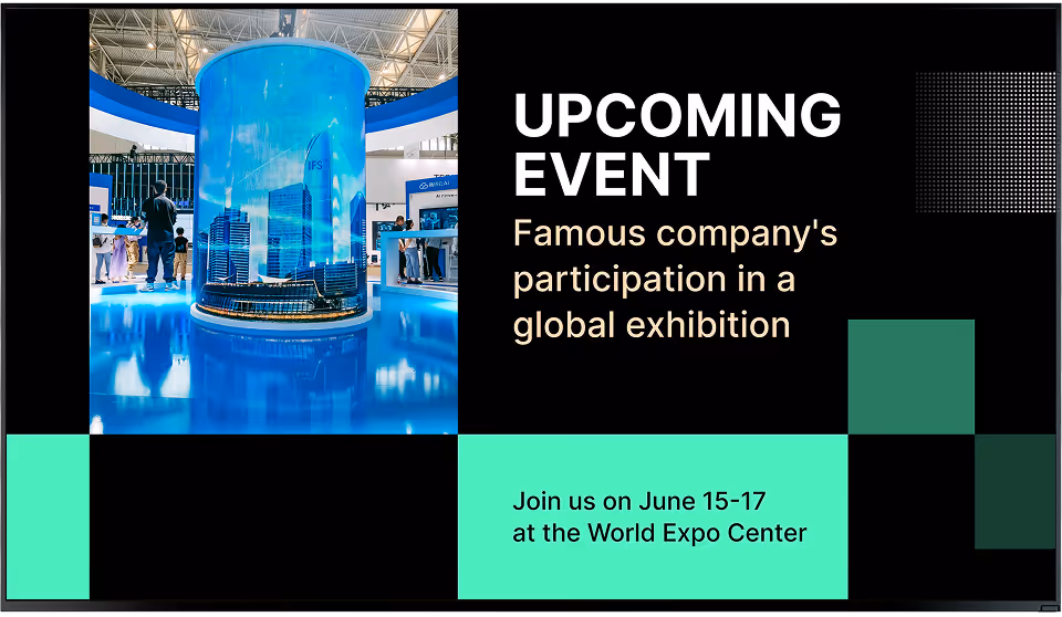 Exhibition area with a cylindrical blue display featuring a cityscape and text about an upcoming global event.