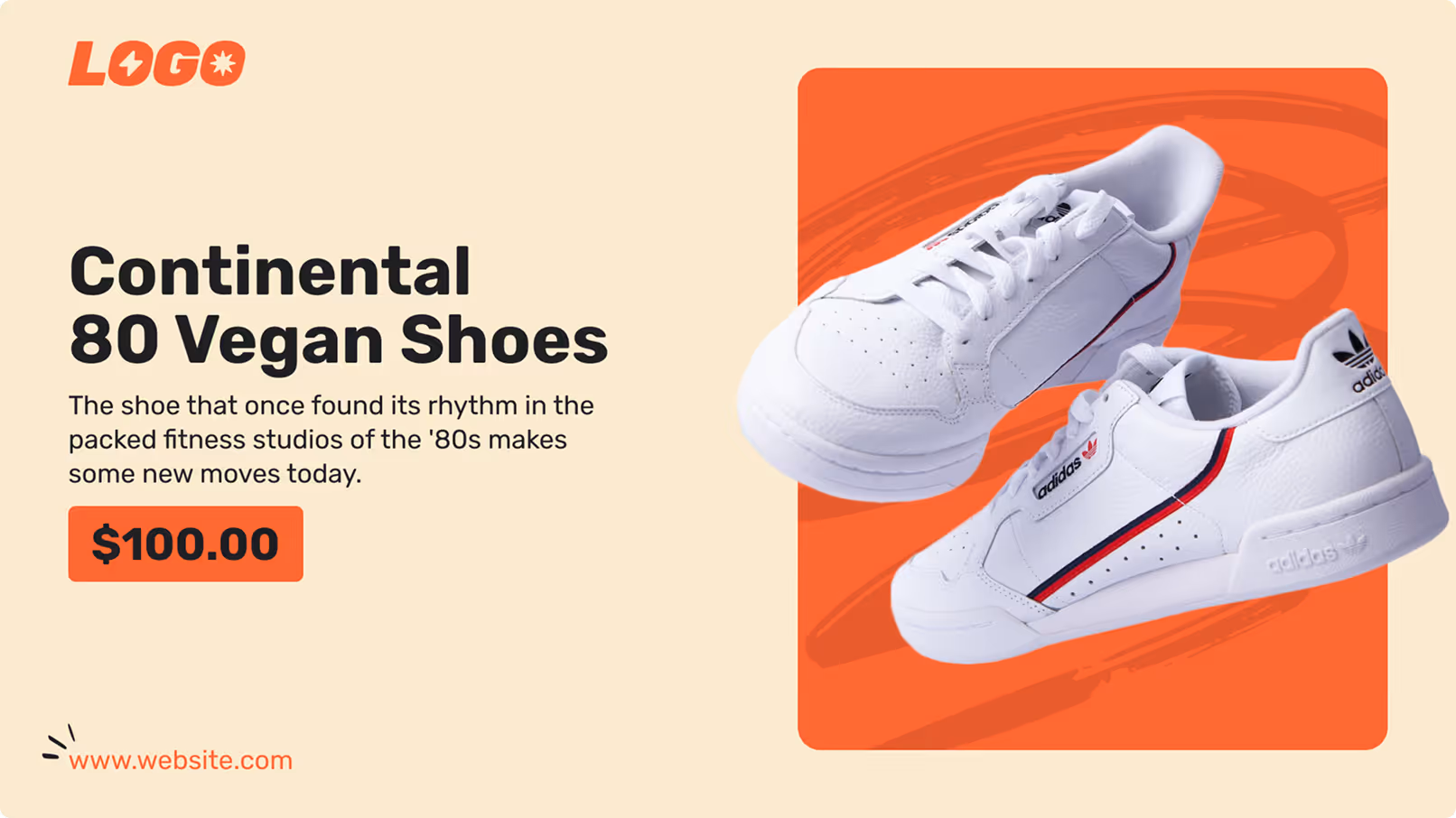 Пара белых кроссовок Continental 80 Vegan Adidas с красными и синими полосками на оранжевом фоне.