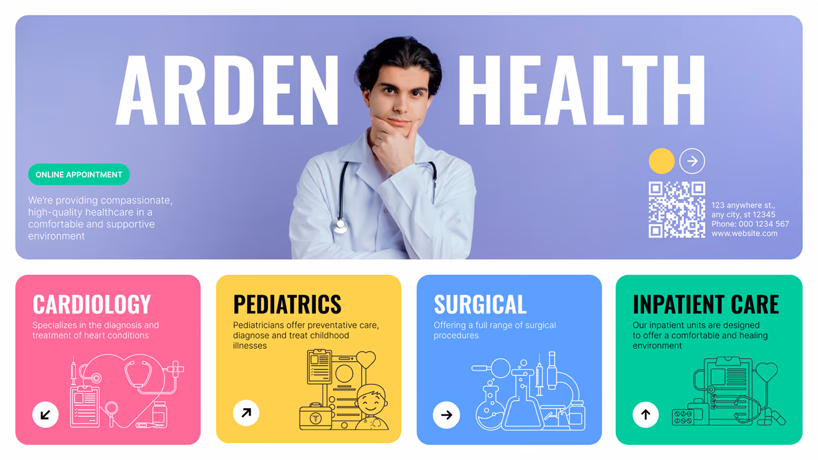 Doctor in white coat with stethoscope promotes Arden Health with cardiology, pediatrics, surgical, and inpatient care.