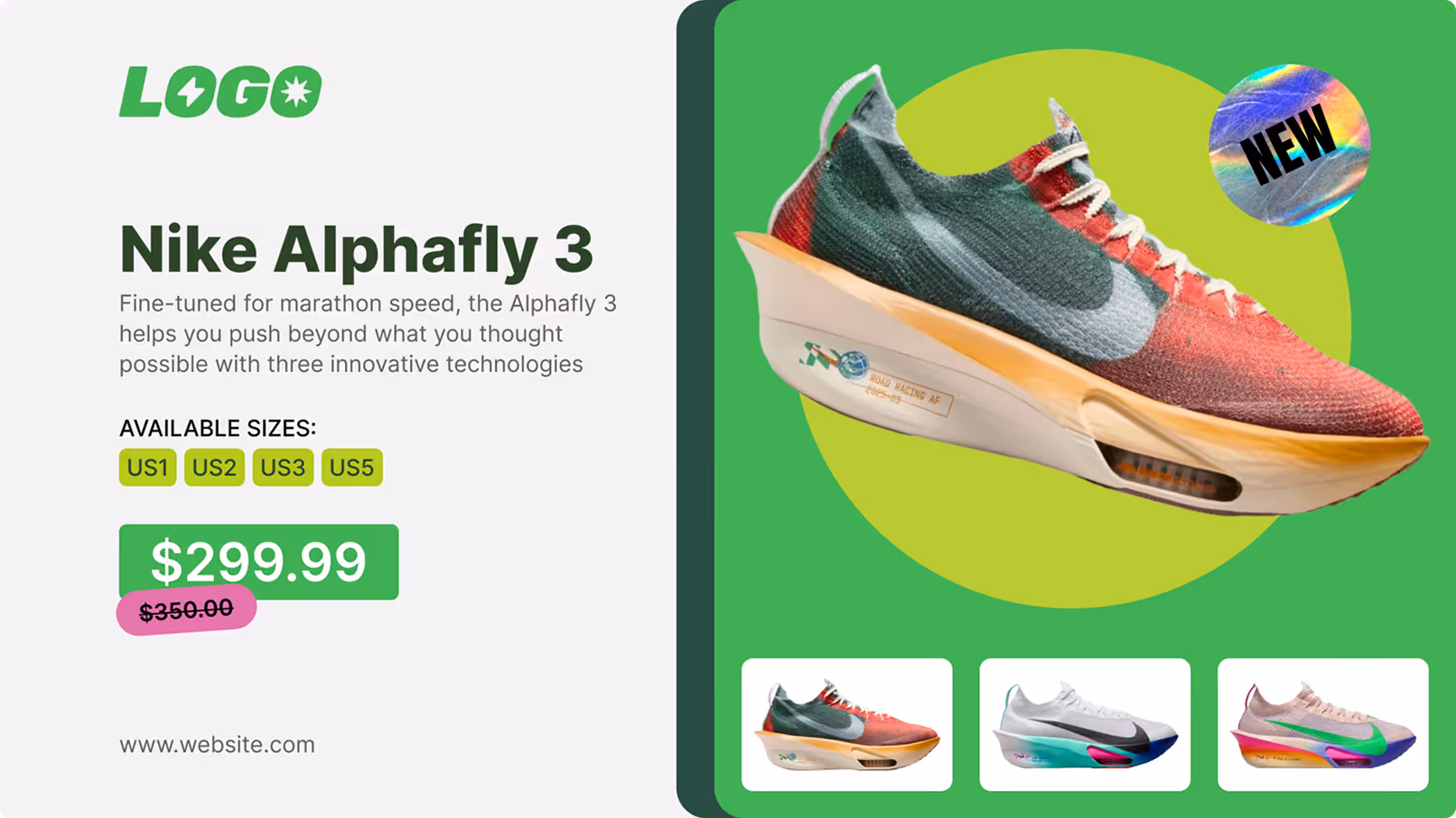 Nike Alphafly 3 running shoe in red and green with price $299.99 and sizes US1, US2, US3, US5 available.