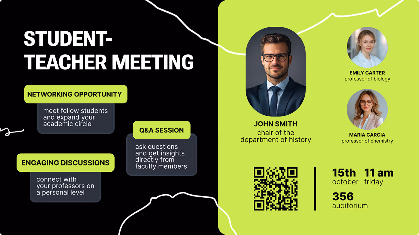 Flyer for student-teacher meeting on Oct 15th, 11 am, with John Smith and professors Emily Carter, Maria Garcia.