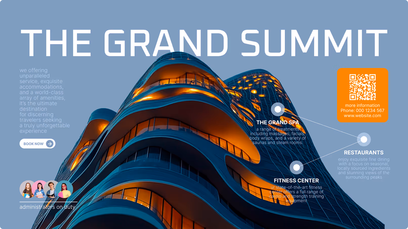 Modern curved building lit warmly at dusk with text promoting The Grand Summit hotel services and amenities.
