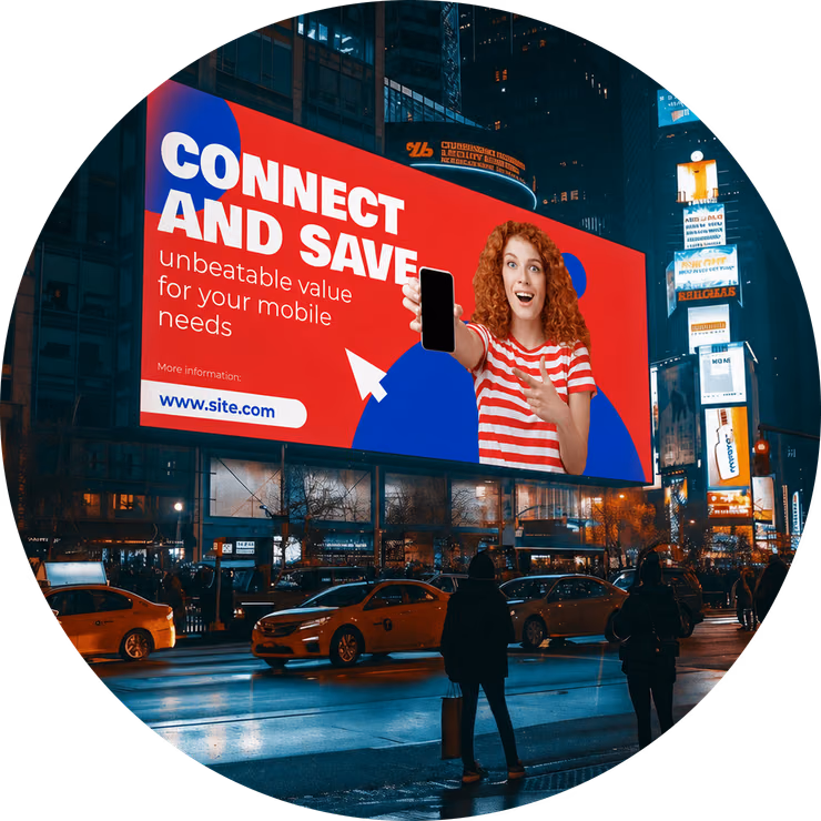 夜晚繁忙城市街道上方的路边广告牌,正在播放“Connect and Save”移动套餐广告