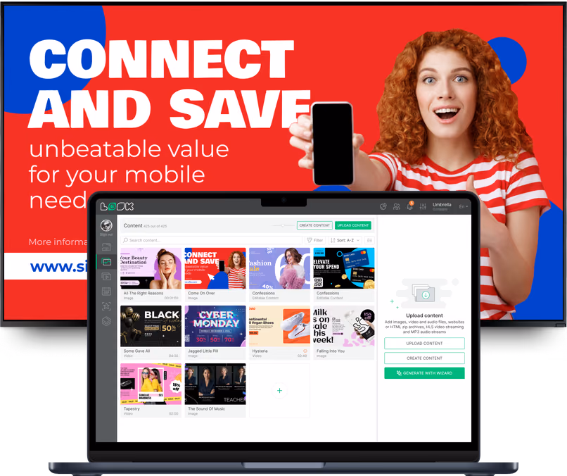 Look CMS内容库界面叠加在“Connect and Save”移动套餐广告上