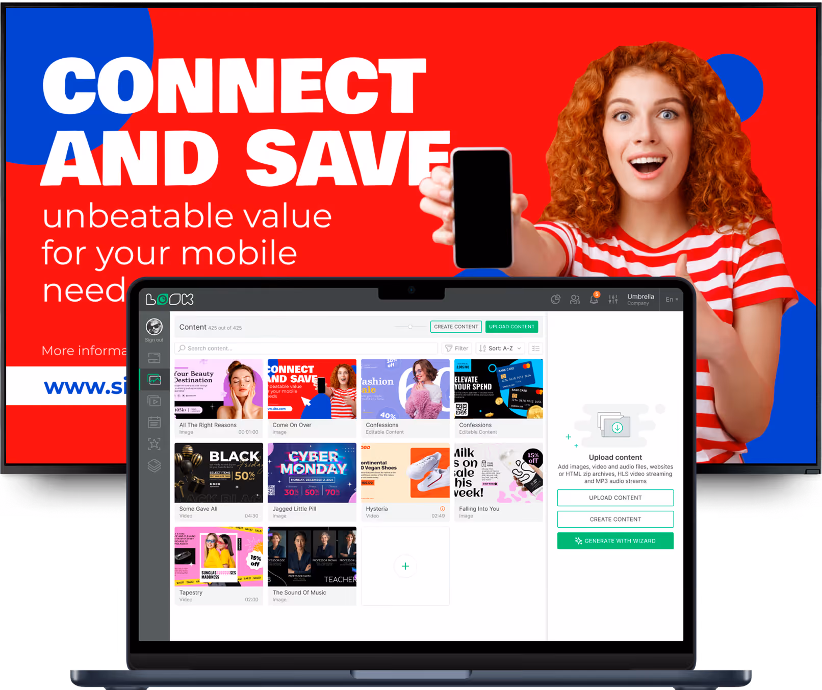 Look CMS内容库界面叠加在“Connect and Save”移动套餐广告上